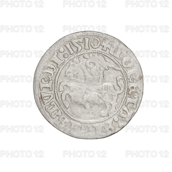 Lithuanian half-grosz, Sigismund I the Old (king of Poland; 1506–1548). Obverse: Pogon (Lithuanian coat of arms) turned left; in the rim between pearl borders an inscription: + NETA: SMVNDI:1510. Reverse: Polish eagle with crown; in the rim between pearl borders an inscription: + MAGNI:DVCIS:LITVA, IE, 1510. Grand Duchy of Lithuania, Vilnius, Poland. Coin; diameter 19.5–20.0 mm; weight 1.18 g.