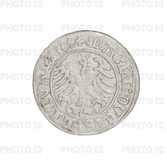 Lithuanian half-grosz, Sigismund I the Old (king of Poland; 1506–1548). Obverse: Pogon (Lithuanian mounted knight) turned left; in the rim between pearl borders an inscription: + NETA: SMVNDI:1510. Reverse: Polish crowned Eagle; in the rim between pearl borders an inscription: + MAGNI:DVCIS:LITVA, IE, 1510. Coats of arms: Eagle and Pogon. Grand Duchy of Lithuania, Vilnius, Poland. Coin; diameter 19.5–20.0 mm; weight 1.18 g.