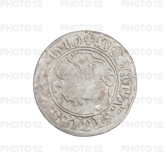 Lithuanian half-grosz, Sigismund I the Old (king of Poland; 1506–1548); Obverse: Pogon (Lithuanian coat of arms) turned left, in the rim between pearl borders an inscription: + COIN: SIGIS, 1510; Reverse: Polish Eagle with a crown, in the rim between pearl borders an inscription: + MAGNI:DVCIS:, VANIE, 1510. Jagiellon dynasty; coats of arms: Eagle and Pogon; Grand Duchy of Lithuania, Vilnius, Poland; coin; diameter 19.4–20.0 mm; weight 1.22 g.