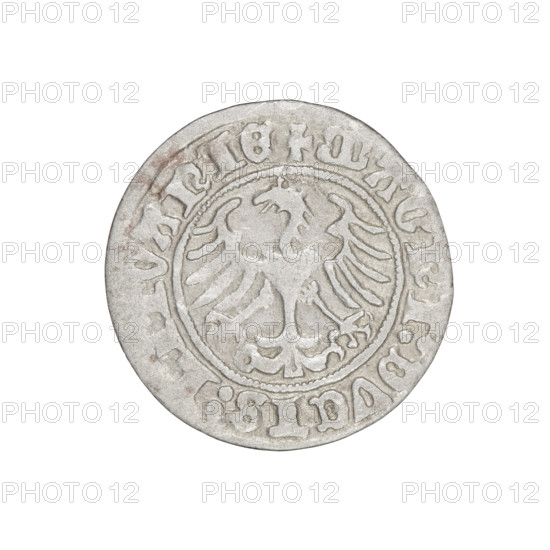 Lithuanian half-grosz, Sigismund I the Old (king of Poland; 1506–1548). Obverse: Pogon (Lithuanian coat of arms) turned left; in the rim between pearl borders an inscription: + COIN: SIGIS, 1510. Reverse: Polish eagle with a crown; in the rim between pearl borders an inscription: + MAGNI:DVCIS:, VANIE, 1510. Materials/style: coin; inscriptions as given. Dimensions: diameter c. 19.4–20.0 mm; weight 1.22 g.