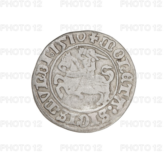 Lithuanian half-grosz, Sigismund I the Old (king of Poland; 1506–1548). Obverse: Pogon turned left; in the rim between pearl borders an inscription: + COIN:SIGISMVNDI:1510. Reverse: Polish Eagle with a crown; in the rim between pearly borders an inscription: + MAGNI:DVCIS:LITVANIE.:. 1510. Jagiellon dynasty; coats of arms: Eagle (Poland) and Pogon (Lithuania). Grand Duchy of Lithuania, Vilnius. Coin; diameter 19.0–19.8 mm; weight 1.15 g.