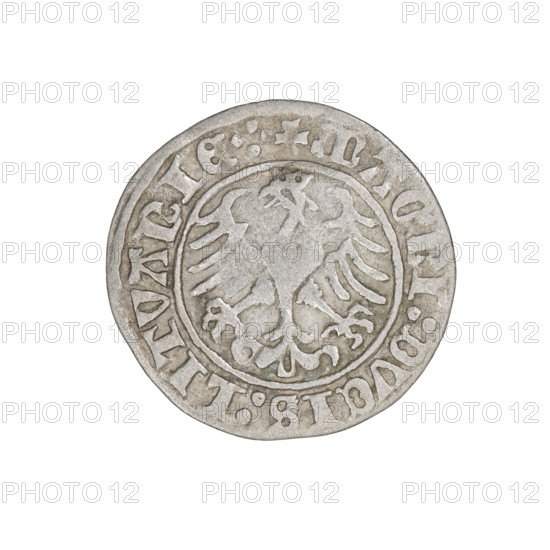 Lithuanian half-grosz, Sigismund I the Old (king of Poland; 1506–1548). Obverse: Pogon turned left; in the rim between pearl borders an inscription: + COIN:SIGISMVNDI:1510. Reverse: Polish Eagle with a crown; in the rim between pearly borders an inscription: + MAGNI:DVCIS:LITVANIE.:. 1510. Jagiellon dynasty; coats of arms: Eagle (coat of arms), Pogon (coat of arms). Grand Duchy of Lithuania; Vilnius. Coin (silver?), diameter 19.0–19.8 mm, weight 1.15 g.