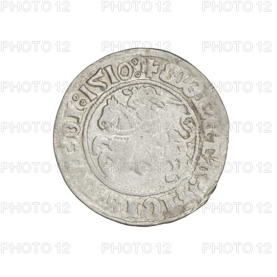 Lithuanian half-grosz, Sigismund I the Old (king of Poland; 1506–1548). Obverse: Pogon turned left; in the rim between pearl borders an inscription: + COIN:SIGIS, DI:1510:. Reverse: Polish crowned eagle; in the rim between pearly borders an inscription: + MAGNI:, :LITVANI, 1510. Jagiellon dynasty; coats of arms (Eagle, Pogon). Grand Duchy of Lithuania, Vilnius, Poland. Coin; diameter ca. 19.5–19.6 mm; weight 1.21 g.