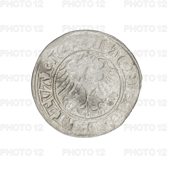 Lithuanian half-grosz, Sigismund I the Old (king of Poland; 1506–1548). Obverse: Pogon (Lithuanian coat of arms) turned left; in the rim between pearl borders an inscription: + COIN:SIGIS, DI:1510:. Reverse: Polish crowned eagle; in the rim between pearly borders an inscription: + MAGNI:,:LITVANI, 1510. Material: coin; Grand Duchy of Lithuania, Vilnius; diameter ~19.5–19.6 mm; weight 1.21 g.