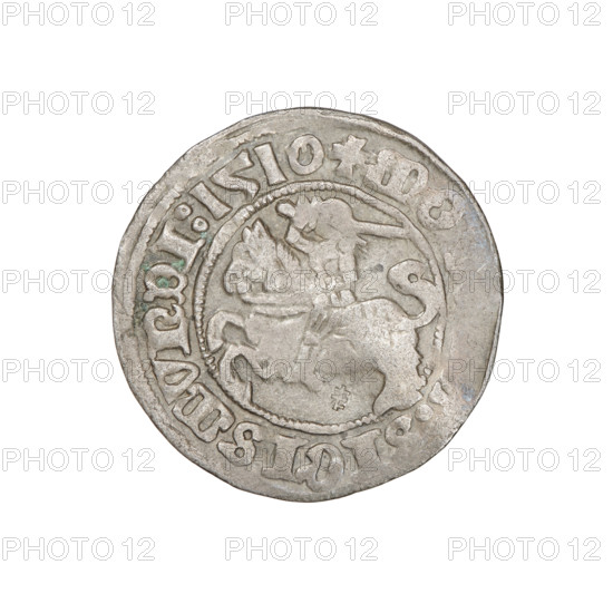 Lithuanian half-grosz, Sigismund I the Old (king of Poland; 1506–1548). Obverse: Pogon (Lithuanian coat of arms) turned left; in the rim between pearl borders an inscription: + MO, SIGISMVNDI:1510. Reverse: Polish crowned eagle; in the rim between pearl borders an inscription: + MAGNI:DVC, LITVANIE, 1510. Grand Duchy of Lithuania, Vilnius. Coin. Diameter 19.8–20.0 mm, weight 1.21 g. R8 (rarity).