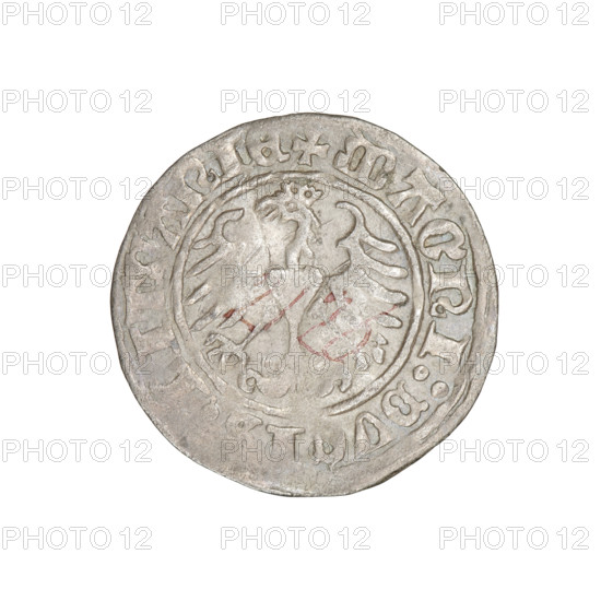 Lithuanian half-grosz, Sigismund I the Old (king of Poland; 1506–1548). Obverse: Pogon (Lithuanian chase) turned left; in rim between pearl borders inscription: + MO, SIGISMVNDI:1510. Reverse: Polish crowned eagle; in rim between pearl borders inscription: + MAGNI:DVC, LITVANIE, 1510. Jagiellonian dynasty; coats of arms: Eagle and Pogon. Grand Duchy of Lithuania, Vilnius, Poland. Coin; diameter 19.8–20.0 mm; weight 1.21 g; rarity R8.