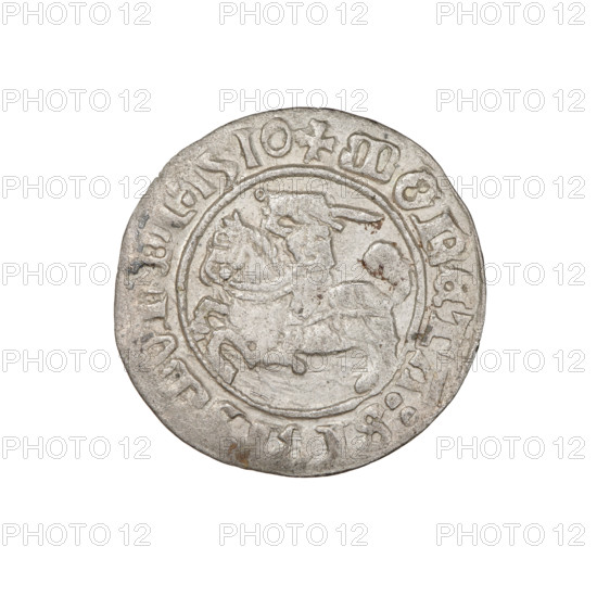 Lithuanian half-grosz, Sigismund I the Old (king of Poland; 1506–1548). Obverse: Pogon (Lithuanian coat of arms) turned left; in the rim between pearl borders an inscription: + COIN:SIGISMVNDI:1510. Reverse: Polish crowned eagle; in the rim between the pearl borders the inscription: + MAGNI:DVCIS:LITVANIE:. 1510. Jagiellon dynasty. Grand Duchy of Lithuania. Coin. Diameter 19.0–19.6 mm. Weight 1.26 g.