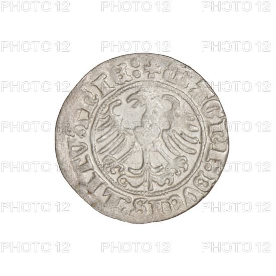 Lithuanian half-grosz, Sigismund I the Old (king of Poland, 1506–1548). Obverse: Pogon turned left; in the rim between pearl borders an inscription: + COIN:SIGISMVNDI:1510. Reverse: Polish Eagle with a crown; in the rim between the pearl borders the inscription: + MAGNI:DVCIS:LITVANIE:. Dated 1510. Materials: coin. Place: Grand Duchy of Lithuania, Vilnius, Poland. Subject/details: eagles, Polish coins, Jagiellon dynasty, Eagle (coat of arms), Pogon (coat of arms), coats of arms. Dimensions: diameter ~19.0–19.6 mm; weight 1.26 g.
