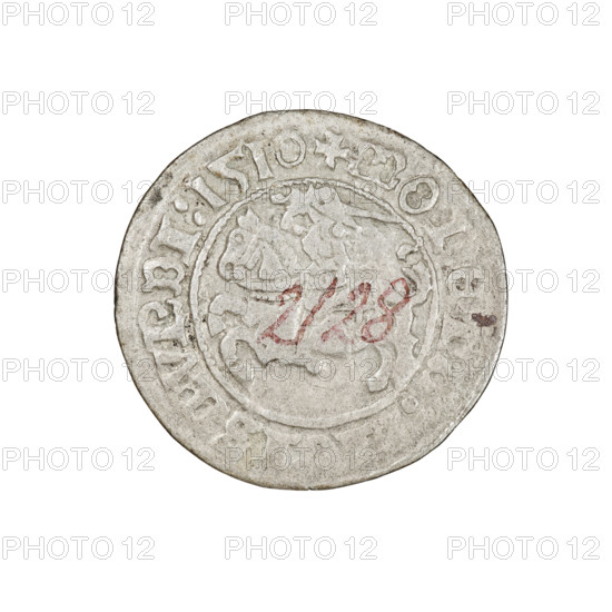 Lithuanian half-grosz, Sigismund I the Old (king of Poland; 1506–1548). Obverse: Pogon (mounted knight) turned left; in the rim between pearl borders an inscription: + MO, SMVNDI:1510. Reverse: Polish eagle with a crown; in the rim between pearl borders an inscription: + MAGNI:DVCIS, IE.:, 1510. Grand Duchy of Lithuania, Vilnius. Coin, silver. Diameter ca. 19.6–20.1 mm; weight 1.19 g. R8 (rarity). Coats of arms: Eagle, Pogon; Jagiellon dynasty.
