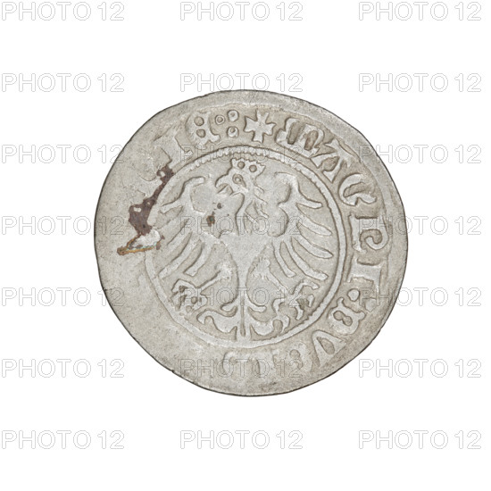 Lithuanian half-grosz, Sigismund I the Old (king of Poland; 1506–1548). R8 (rarity). Jagiellon dynasty. Obverse: Pogon (mounted knight) turned left; in rim between pearl borders inscription: + MO, SMVNDI:1510. Reverse: Polish crowned Eagle; in rim between pearl borders inscription: + MAGNI:DVCIS, IE.:, 1510. Grand Duchy of Lithuania, Vilnius, Poland. Coin. Diameter 19.6–20.1 mm. Weight 1.19 g.