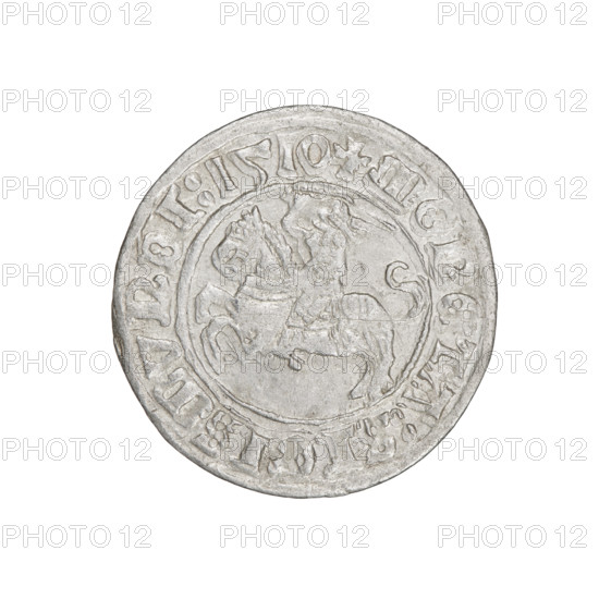 Lithuanian half-grosz, Sigismund I the Old (king of Poland; 1506–1548). Obverse: Pogon (Lithuanian mounted knight) turned left; in the rim between pearl borders an inscription: + COIN:SIGISMVNDI:1510. Reverse: Polish crowned eagle; in the rim between the pearl borders the inscription: + MAGNI:DVCIS:LITVANIE:, 1510. Grand Duchy of Lithuania. Coin. Diameter 20.0–20.4 mm. Weight 1.23 g. Coats of arms: Eagle, Pogon. Jagiellon dynasty.
