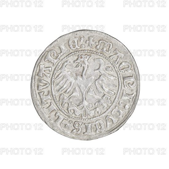 Lithuanian half-grosz, Sigismund I the Old (king of Poland; 1506–1548). Obverse: Pogon (Lithuanian charging knight) turned left; in the rim between pearl borders an inscription: + COIN:SIGISMVNDI:1510. Reverse: Polish crowned eagle; in the rim between the pearl borders the inscription: + MAGNI:DVCIS:LITVANIE:. Dated 1510. Grand Duchy of Lithuania. Coin. Diameter ~20.0–20.4 mm. Weight 1.23 g.