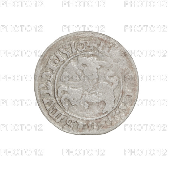 Lithuanian half-grosz, Sigismund I the Old (king of Poland; 1506–1548). Obverse: Pogon (Lithuanian mounted knight) turned left; in the rim between pearl borders an inscription: + M, A:S, GISMVNDI:1510. Reverse: Polish crowned eagle; in the rim between pearly borders an inscription: + MAG, I:DV, ITVANIE, 1510. Coats of arms: Eagle (Poland) and Pogon (Lithuania). Jagiellon dynasty. Grand Duchy of Lithuania, Vilnius. Coin; diameter 19.4–19.8 mm, weight 1.17 g.