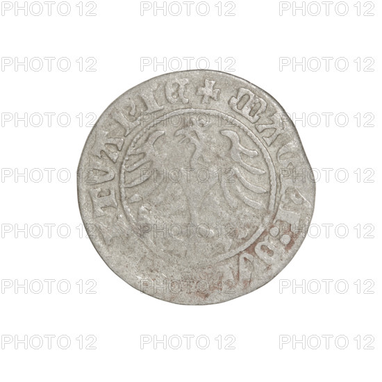 Lithuanian half-grosz, Sigismund I the Old (king of Poland; 1506–1548). Obverse: Pogon (Lithuanian coat of arms) turned left; in the rim between pearl borders an inscription: + M, A:S, GISMVNDI:1510. Reverse: Polish crowned eagle; in the rim between pearly borders an inscription: + MAG, I:DV, ITVANIE, 1510. Jagiellon dynasty; coats of arms: Eagle and Pogon. Grand Duchy of Lithuania, Vilnius. Coin; diameter 19.4–19.8 mm; weight 1.17 g.