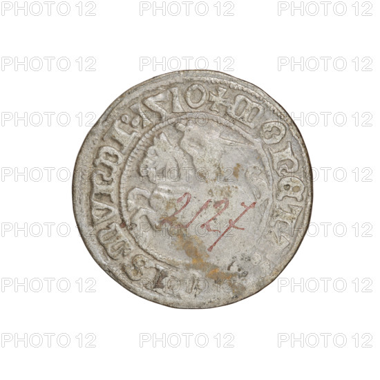 Lithuanian half-grosz, Sigismund I the Old (king of Poland; 1506–1548). Obverse: Pogon (mounted knight) turned left; in the rim between pearl borders an inscription: + COIN:ISMVNDI:1510. Reverse: Polish crowned eagle; in the rim between the pearl borders an inscription: + MAGNI:DVCI, TVANIE:, 1510. Grand Duchy of Lithuania, Vilnius, Poland. Coin (half-grosz); diameter ~19.8–20.0 mm; weight 1.22 g. R8 (rarity). Coats of arms: Eagle, Pogon. Jagiellon dynasty.