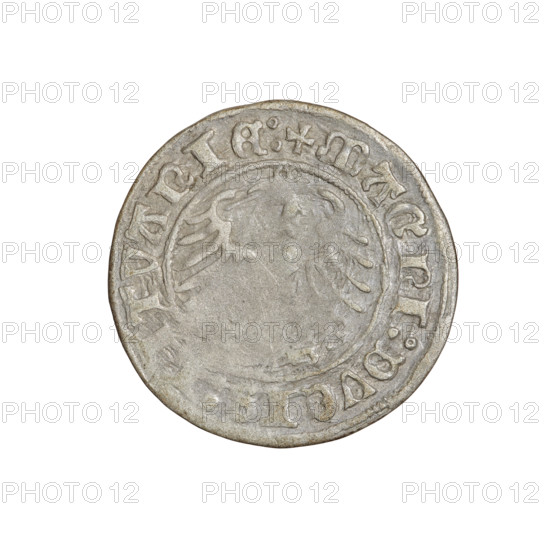 Lithuanian half-grosz, Sigismund I the Old (king of Poland; 1506–1548). R8 (rarity). Obverse: Pogon (Lithuanian coat of arms) turned left; in the rim between pearl borders an inscription: + COIN:ISMVNDI:1510. Reverse: Polish crowned Eagle; in the rim between pearl borders an inscription: + MAGNI:DVCI, TVANIE:, 1510. Grand Duchy of Lithuania, Vilnius, Poland. Coin. Diameter 19.8–20.0 mm. Weight 1.22 g. Coats of arms: Eagle, Pogon. Jagiellon dynasty.