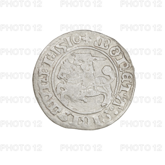Lithuanian half-grosz, Sigismund I the Old (king of Poland; 1506–1548). Obverse: Pogon (Lithuanian coat of arms) turned left; in the rim between pearl borders an inscription: + COIN:SIGISMVNDI:1510. Reverse: Polish crowned eagle; in the rim between pearl borders an inscription: + MAGNI:DVCIS:LITVANIE:. Dated 1510. Grand Duchy of Lithuania. Coin diameter ~19.2–19.8 mm; weight 1.20 g.