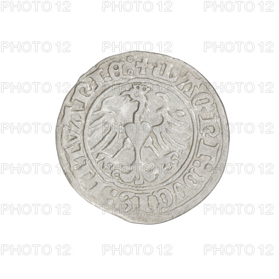 Lithuanian half-grosz, Sigismund I the Old (king of Poland; 1506–1548). Obverse: Pogon (Lithuanian charging knight) turned left; in the rim between pearl borders an inscription: + COIN:SIGISMVNDI:1510. Reverse: Polish crowned eagle; in the rim between pearl borders an inscription: + MAGNI:DVCIS:LITVANIE:. Dated 1510. Grand Duchy of Lithuania. Coin (Poland/Lithuania). Diameter ~19.2–19.8 mm; weight 1.20 g. Coats of arms: Eagle, Pogon; Jagiellon dynasty.
