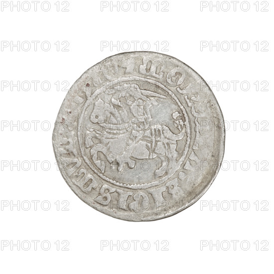 Lithuanian half-grosz, Sigismund I the Old (King of Poland; 1506–1548). Obverse: Pogon (Lithuanian coat of arms) turned to the left; in the rim between pearly borders an inscription: , MON, IGIS. Reverse: Polish crowned eagle; in the rim between pearly borders an inscription: , GNI:, VANI, 1510. Jagiellon dynasty. Grand Duchy of Lithuania, Vilnius. Coin; diameter 19.7–20.0 mm; weight 1.18 g.
