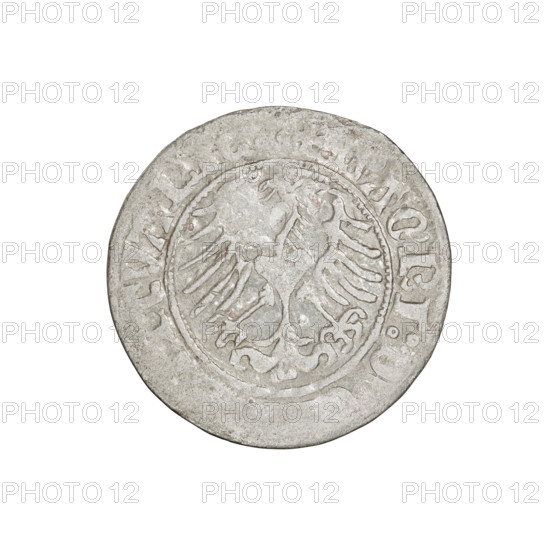 Lithuanian half-grosz, Sigismund I the Old (King of Poland; 1506–1548). Obverse: Pogon turned to the left; in the rim between pearly borders an inscription. Reverse: Polish crowned eagle; in the rim between pearly borders an inscription, including GNI: VANI, 1510. Jagiellon dynasty; coat of arms: Eagle (Poland) and Pogon (Lithuania). Grand Duchy of Lithuania, Vilnius. Coin. Diameter 19.7–20.0 mm; weight 1.18 g.