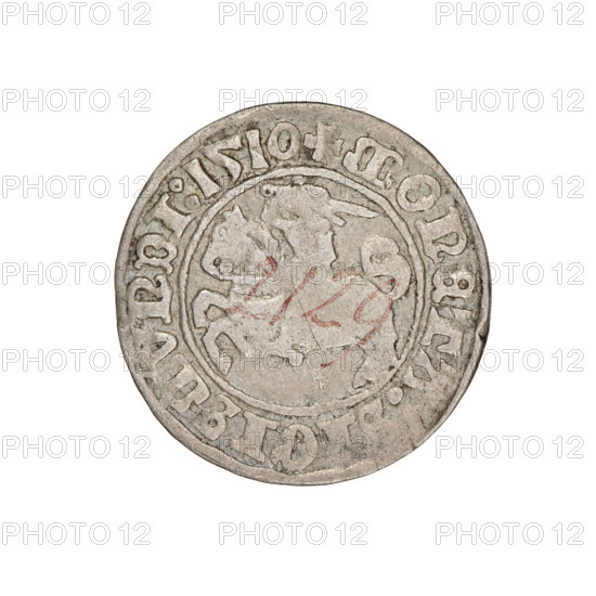 Lithuanian half-grosz, Sigismund I the Old (king of Poland; 1506–1548). Obverse: Pogon (Lithuanian coat of arms) turned left; in the rim between pearl borders an inscription: + MONETARY, SIGISMVNDI:1510. Reverse: Polish eagle with a crown; in the rim between pearly borders an inscription: +, GNI:DVCIS:LITVANIE.:., 1510. Grand Duchy of Lithuania, Vilnius, Poland. Coin; dia. 19.5–20.1 mm, weight 1.22 g. R8 (rarity). Coats of arms: Eagle, Pogon. Jagiellon dynasty.