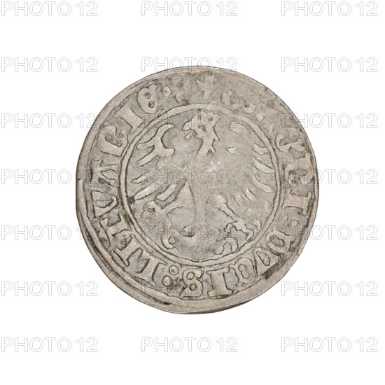 Lithuanian half-grosz, Sigismund I the Old (king of Poland; 1506–1548). Obverse: Pogon turned left; in the rim between pearl borders an inscription: + MONETARY, SIGISMVNDI:1510. Reverse: Polish Eagle with a crown; in the rim between pearl borders an inscription: +, GNI:DVCIS:LITVANIE.:., 1510. Grand Duchy of Lithuania, Vilnius, Poland. Coin. Diameter 19.5–20.1 mm; weight 1.22 g.