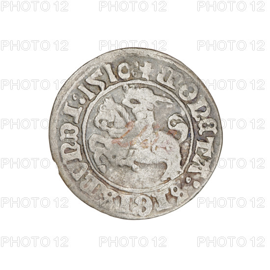 Lithuanian half-grosz, Sigismund I the Old (king of Poland; 1506–1548). Obverse: Pogon turned left; in the rim between pearl borders an inscription: + COIN:SIGISMVNDI:1510:. Reverse: Polish Eagle with a crown; in the rim between pearly borders an inscription: + MAGNI:DVCIS:LITVANIE.:. Date: 1510. Place: Grand Duchy of Lithuania, Vilnius. Category: coin (Polish/Lithuanian, Jagiellonian dynasty). Materials/style: silver coin; coats of arms (Pogon, Eagle). Diameter: 19.6–20.0 mm. Weight: 1.12 g. Rarity: R8.