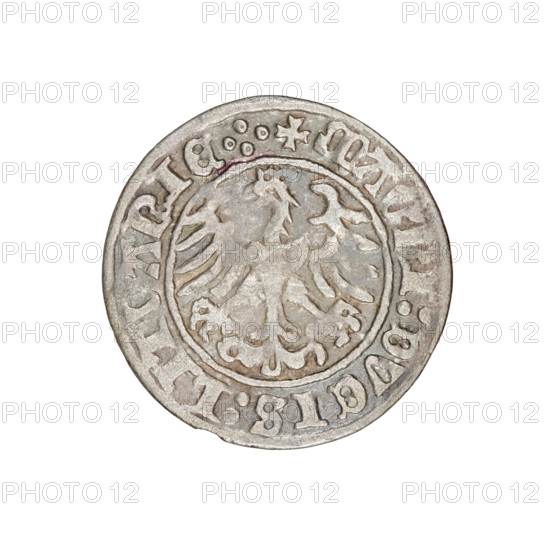 Lithuanian half-grosz, Sigismund I the Old (king of Poland; 1506–1548). Obv.: Pogon turned left; in the rim between pearl borders an inscription: + COIN:SIGISMVNDI:1510:. Rev.: Polish Eagle with a crown; in the rim between pearly borders an inscription: + MAGNI:DVCIS:LITVANIE.:. 1510. Grand Duchy of Lithuania, Vilnius. Coin. Diameter 19.6–20.0 mm. Weight 1.12 g. Coats of arms: Pogon (Lithuania), Eagle (Poland). R8 (rarity). Jagiellonian dynasty.