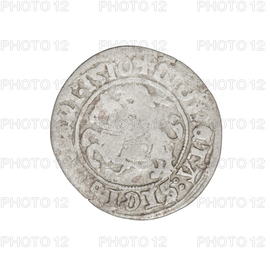 Lithuanian half-grosz, Sigismund I the Old (King of Poland; 1506–1548). Obverse: Pogon (Lithuanian coat of arms) turned left; in the rim between pearl borders an inscription: + MO, TA:SIGISDI:1510. Reverse: Polish crowned eagle; in the rim between pearl borders an inscription: + MAG, IS:LI, IE.:., 1510. Grand Duchy of Lithuania, Vilnius. Coin. Diameter 19.0–20.4 mm; weight 1.12 g.