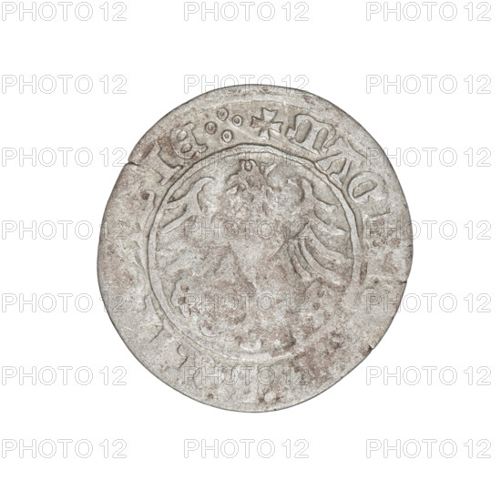 Lithuanian half-grosz, Sigismund I the Old (King of Poland; 1506–1548). Obverse: Pogon (mounted knight) turned left; in the rim between pearl borders an inscription: + MO, TA:SIGISDI:1510. Reverse: Polish crowned eagle; in the rim between pearly borders an inscription: + MAG, IS:LI, IE.:., 1510. Jagiellon dynasty; coats of arms: Eagle (coat of arms) and Pogon (coat of arms; Lithuania). Grand Duchy of Lithuania, Vilnius. Coin; diameter 19.0–20.4 mm; weight 1.12 g.