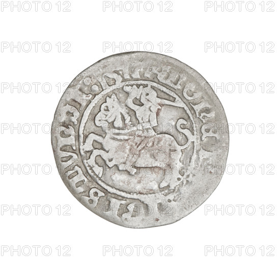 Lithuanian half-grosz, Sigismund I the Old (king of Poland; 1506–1548). Obverse: Pogon turned left; in the rim between pearl borders an inscription: MONE, GISMVNDI:1510. Reverse: Polish eagle with a crown; in the rim between pearl borders an inscription: + MAGNI:DV, ITVA, 1511. Jagiellon dynasty; coats of arms: Eagle and Pogon. Grand Duchy of Lithuania, Vilnius. Coin: diameter 19.4–19.8 mm, weight 1.18 g.