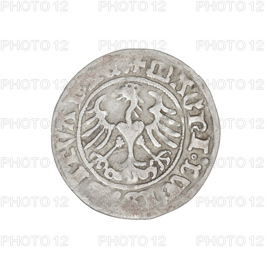 Lithuanian half-grosz, Sigismund I the Old (king of Poland; 1506–1548). Obverse: Pogon (Lithuanian coat of arms) turned left; in the rim between pearl borders an inscription: MONE, GISMVNDI:1510. Reverse: Polish Eagle with a crown; in the rim between pearl borders an inscription: + MAGNI:DV, ITVA, 1511. Jagiellon dynasty; coats of arms: Eagle and Pogon. Grand Duchy of Lithuania, Vilnius, Poland. Coin. Diameter 19.4–19.8 mm; weight 1.18 g.