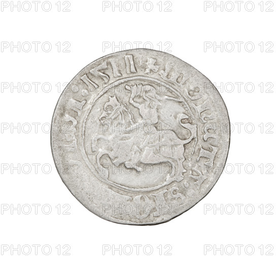 Lithuanian half-grosz, Sigismund I the Old (King of Poland; 1506–1548). Obverse: Pogon turned left; in the rim between pearl borders an inscription: + COIN:SIG, I:1511. Reverse: Polish crowned eagle; in the rim between pearl borders an inscription: NI:DVCIS:LITV, 1511. Grand Duchy of Lithuania, Vilnius. Coin; diameter ~19.5–19.7 mm; weight 1.23 g. Coats of arms: Eagle (coat of arms), Pogon (coat of arms); Jagiellons (dynasty).