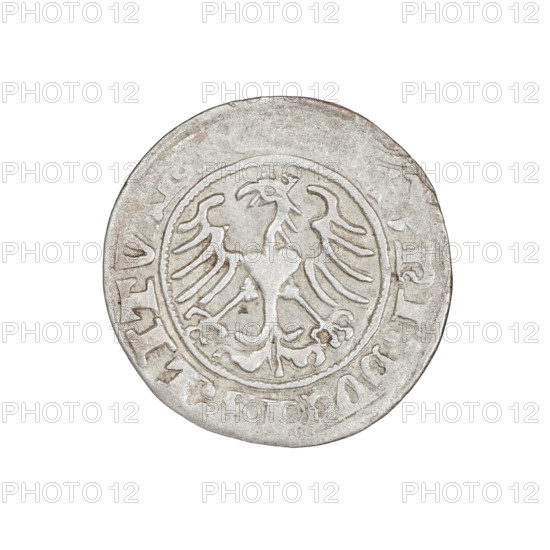 Lithuanian half-grosz, Sigismund I the Old (King of Poland; 1506–1548). Obverse: Pogon (mounted knight) turned left; in the rim between pearl borders an inscription: + COIN:SIG, I:1511. Reverse: Polish crowned eagle; in the rim between pearl borders an inscription: NI:DVCIS:LITV, 1511. Grand Duchy of Lithuania, Vilnius. Coin. Diameter ca. 19.5–19.7 mm. Weight 1.23 g.