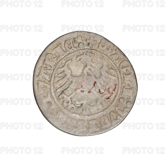 Lithuanian half-grosz, Sigismund I the Old (king of Poland; 1506–1548). Obv.: Pogon turned left; in the rim between pearl borders an inscription:+ COIN:SIGI, NDI:1511:. Rev.: Polish Eagle with a crown; in the rim between the pearl borders the inscription:+ MAGNI:DVCI, VANIE.:, 1511. Grand Duchy of Lithuania, Vilnius, Poland. Coin (half-grosz). Diameter: 18.8–19.7 mm. Weight: 1.03 g. Style/subjects: eagles; coats of arms (Pogon, Eagle); Jagiellonian dynasty. Rarity: R8.