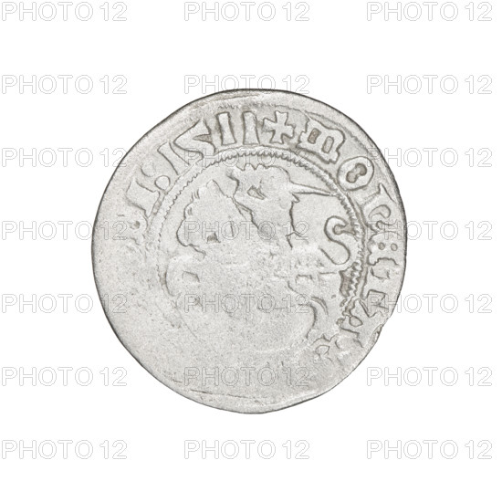 Lithuanian half-grosz, Sigismund I the Old (King of Poland; 1506–1548). Obverse: Pogon (coat of arms) turned left; in the rim between pearl borders an inscription: + COIN:, DI:1511. Reverse: Polish eagle with a crown; in the rim between pearl borders an inscription: + MAGNI, ITVANIE:, 1511. Jagiellon dynasty; Grand Duchy of Lithuania, Vilnius. Coin, dia. 19.5–20.0 mm, weight 1.12 g.