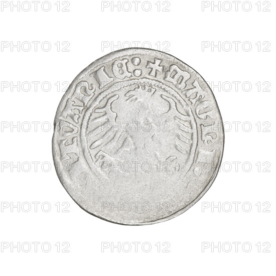 Lithuanian half-grosz, Sigismund I the Old (King of Poland; 1506–1548). Obverse: Pogon (Lithuanian coat of arms) turned left; in the rim between pearl borders an inscription: + COIN:, DI:1511. Reverse: Polish crowned eagle; in the rim between pearl borders an inscription: + MAGNI, ITVANIE:, 1511. Grand Duchy of Lithuania, Vilnius. Coin; diameter ~19.5–20.0 mm; weight 1.12 g.
