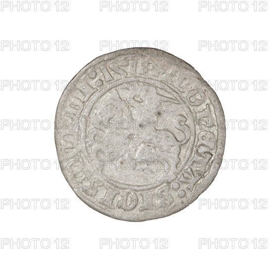Lithuanian half-grosz, Sigismund I the Old (King of Poland; 1506–1548). Obverse: Pogon (Lithuanian coat of arms) turned left; in the rim between pearl borders an inscription '+ COIN:SIGISMVNDI:1511'. Reverse: Polish eagle with a crown; in the rim between pearl borders an inscription '+ MAG, DVCIS, TVANIE.:., 1511'. Grand Duchy of Lithuania, Vilnius, Poland. Coin; diameter ca. 19.5–19.8 mm; weight 1.09 g.