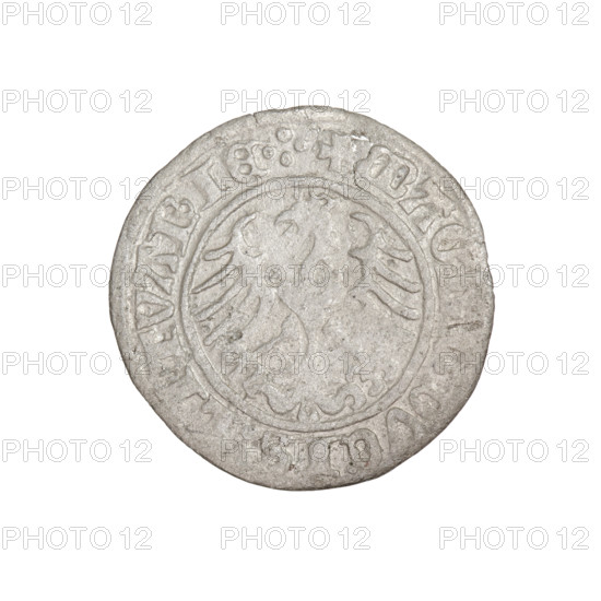 Lithuanian half-grosz, Sigismund I the Old (King of Poland; 1506–1548). Obverse: Pogon (Lithuanian coat of arms) turned left; in the rim between pearl borders an inscription: + COIN:SIGISMVNDI:1511. Reverse: Polish crowned eagle; in the rim between pearl borders an inscription: + MAG, DVCIS, TVANIE.:., 1511. Grand Duchy of Lithuania, Vilnius. Coin; diameter 19.5–19.8 mm; weight 1.09 g.