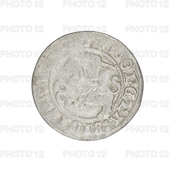 Lithuanian half-grosz, Sigismund I the Old (King of Poland; reign 1506–1548). Obverse: Pogon (Lithuanian coat of arms) turned left; in the rim between pearl borders an inscription: ONETA: 11. Reverse: Polish crowned eagle; in the rim between pearl borders an inscription: MAGNI:DVCIS:LITVA. Dated 1511. Grand Duchy of Lithuania, Vilnius. Coin. Diameter 19.8–20.2 mm; weight 1.33 g.