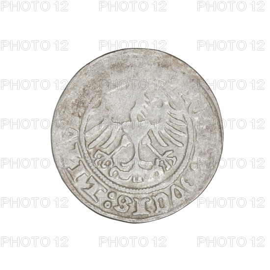 Lithuanian half-grosz, Sigismund I the Old (King of Poland; 1506–1548). Obverse: Pogon (Lithuanian coat of arms) turned left; in the rim between pearl borders an inscription: ONETA:. Reverse: Polish Eagle with a crown; in the rim between pearl borders an inscription: MAGNI:DVCIS:LITVA. Date: 1511. Grand Duchy of Lithuania, Vilnius. Coin. Diameter 19.8–20.2 mm. Weight 1.33 g.