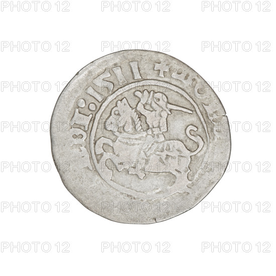 Lithuanian half-grosz, Sigismund I the Old (King of Poland; 1506–1548). Obverse: Pogon (Lithuanian coat of arms) facing left; in the rim between pearl borders an inscription: + MO, DI:1511. Reverse: Polish crowned Eagle; in the rim between the pearl borders an inscription: + M, VANIE:, 1511. Associated with the Jagiellon dynasty. Materials/function: coin (Grand Duchy of Lithuania, Vilnius, Poland). Dimensions: diam. 19.6–20.6 mm; weight 1.22 g.