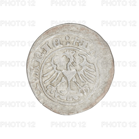 Lithuanian half-grosz, Sigismund I the Old (King of Poland; 1506–1548). Obverse: Pogon (mounted knight) turned left; in the rim between pearl borders an inscription: + MO, DI:1511. Reverse: Polish crowned eagle; in the rim between the pearl borders an inscription: + M, VANIE:, 1511. Coats of arms: Eagle (coat of arms), Pogon (coat of arms; Lithuania). Jagiellon dynasty. Grand Duchy of Lithuania, Vilnius, Poland. Coin; diameter 19.6–20.6 mm; weight 1.22 g.