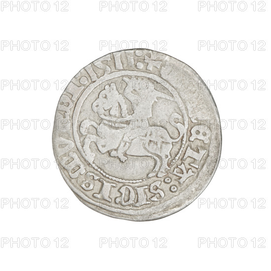 Lithuanian half-grosz, Sigismund I the Old (King of Poland; 1506–1548). Obverse: Pogon (Lithuanian coat of arms) turned left; in the rim between pearl borders an inscription: + ETA:SIGISMV, DI:1511:. Reverse: Polish crowned Eagle; in the rim between pearl borders an inscription: AGNI:DVCIS:LITVANIE:. Dated 1511. Grand Duchy of Lithuania, Vilnius. Coin; diameter 19.3–19.7 mm, weight 1.20 g.