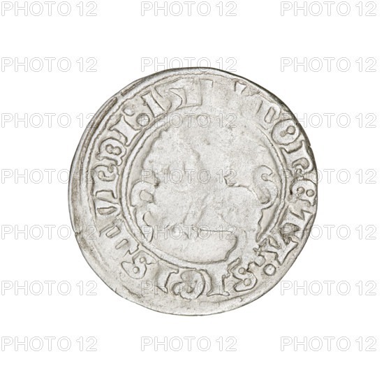Lithuanian half-grosz, Sigismund I the Old (King of Poland; 1506–1548). Obverse: Pogon (Lithuanian coat of arms) turned left; in the rim between pearl borders an inscription: + COIN:SIGISMVNDI:1511. Reverse: Polish crowned eagle; in the rim between the pearl borders the inscription: + MAGNI:DVCIS:LITVANIE:. Dated 1511. Grand Duchy of Lithuania (Vilnius). Coin; diameter ~20.1–20.6 mm; weight 1.13 g.