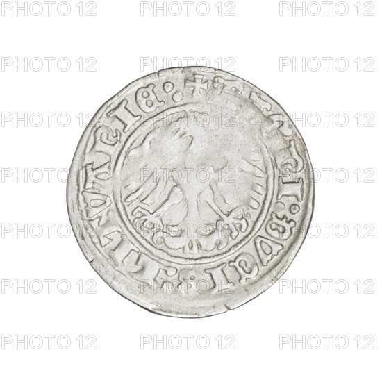 Lithuanian half-grosz, Sigismund I the Old (King of Poland; 1506–1548). Obverse: Pogon (Lithuanian mounted knight) turned left; in the rim between pearl borders an inscription: + COIN:SIGISMVNDI:1511. Reverse: Polish crowned eagle; in the rim between the pearl borders the inscription: + MAGNI:DVCIS:LITVANIE:. 1511. Materials and function: coin of the Grand Duchy of Lithuania (Vilnius). Associations: eagles; Jagiellon dynasty; coats of arms (Eagle, Pogon). Diameter c. 20.1–20.6 mm; weight 1.13 g.