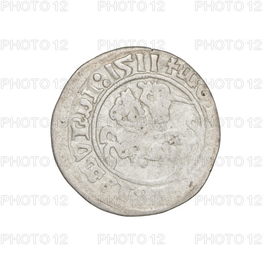 Lithuanian half-grosz, Sigismund I the Old (King of Poland; 1506–1548). Obverse: Pogon (Lithuanian coat of arms) turned left; in the rim between pearl borders an inscription: + MO ISMVNDI 1511. Reverse: Polish crowned Eagle; in the rim between pearl borders an inscription: DVCIS LITVANIE 1511. Silver coin, Grand Duchy of Lithuania (Vilnius). Diameter ca. 19.6–19.8 mm; weight 1.08 g.