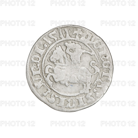 Lithuanian half-grosz, Sigismund I the Old (King of Poland; 1506–1548). Obverse: Pogon (Lithuanian coat of arms) turned left; in the rim between pearl borders an inscription: + COIN:SIGIS, VNDI:1511. Reverse: Polish crowned Eagle; in the rim between pearl borders an inscription: + MAGNI:DVCIS:LITVANIE, 1511. Grand Duchy of Lithuania, Vilnius. Coin, diameter ~19.5–19.6 mm, weight 1.12 g.