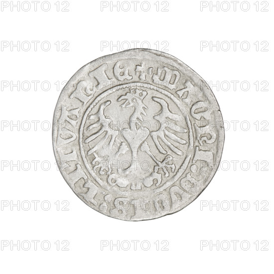 Lithuanian half-grosz, Sigismund I the Old (King of Poland; 1506–1548). Obverse: Pogon (Lithuanian coat of arms) turned left; in the rim between pearl borders an inscription: + COIN:SIGIS, VNDI:1511. Reverse: Polish crowned eagle; in the rim between pearl borders an inscription: + MAGNI:DVCIS:LITVANIE, 1511. Grand Duchy of Lithuania. Coin. Diameter ~19.5–19.6 mm; weight 1.12 g.