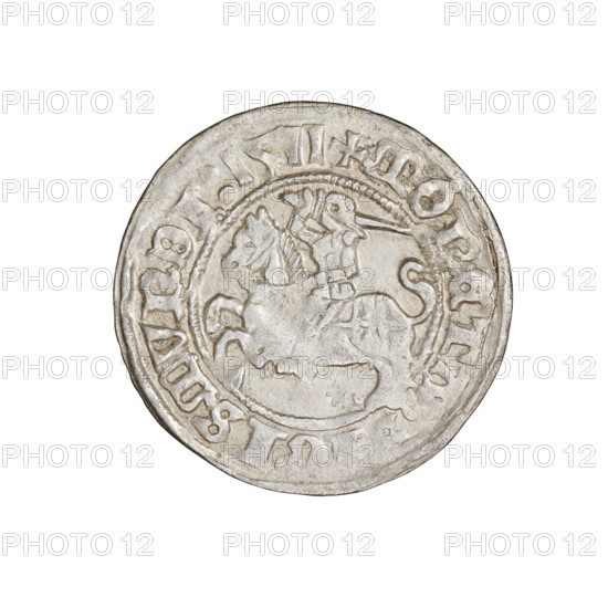 Lithuanian half-grosz, Sigismund I the Old (king of Poland; 1506–1548). Obverse: Pogon (mounted knight) turned left; in the rim between pearl borders an inscription: + COIN:SIGISMVNDI:1511. Reverse: crowned Polish Eagle; in the rim between pearly borders an inscription: + MAGNI:DVCIS:L, NIE.:., 1511. Grand Duchy of Lithuania, Vilnius, Poland. Coin. Diameter 20.0–20.4 mm. Weight 1.21 g. R8 (rarity). Coats of arms: Eagle, Pogon; Jagiellon dynasty.